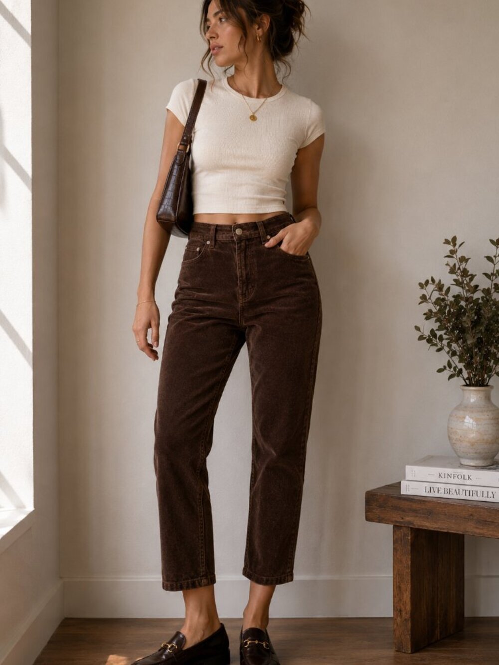 Vintage Liz Claiborne Brown Corduroy High Rise Ankle Pants Size 8 26" Inseam
